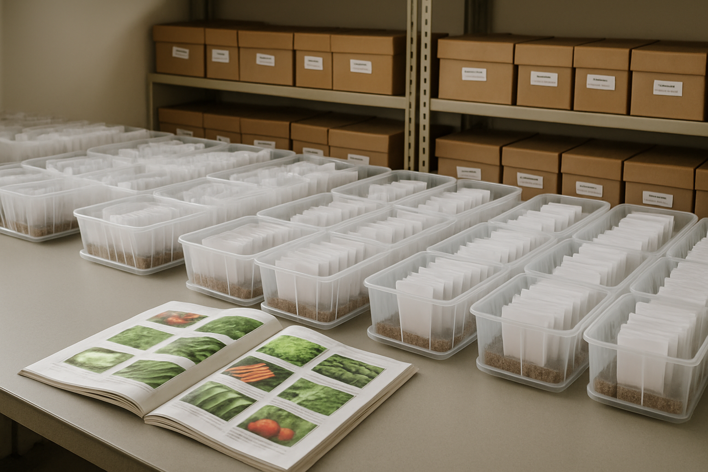 Professional seedbank catalogue and trays of cannabis seeds in a clean warehouse setting