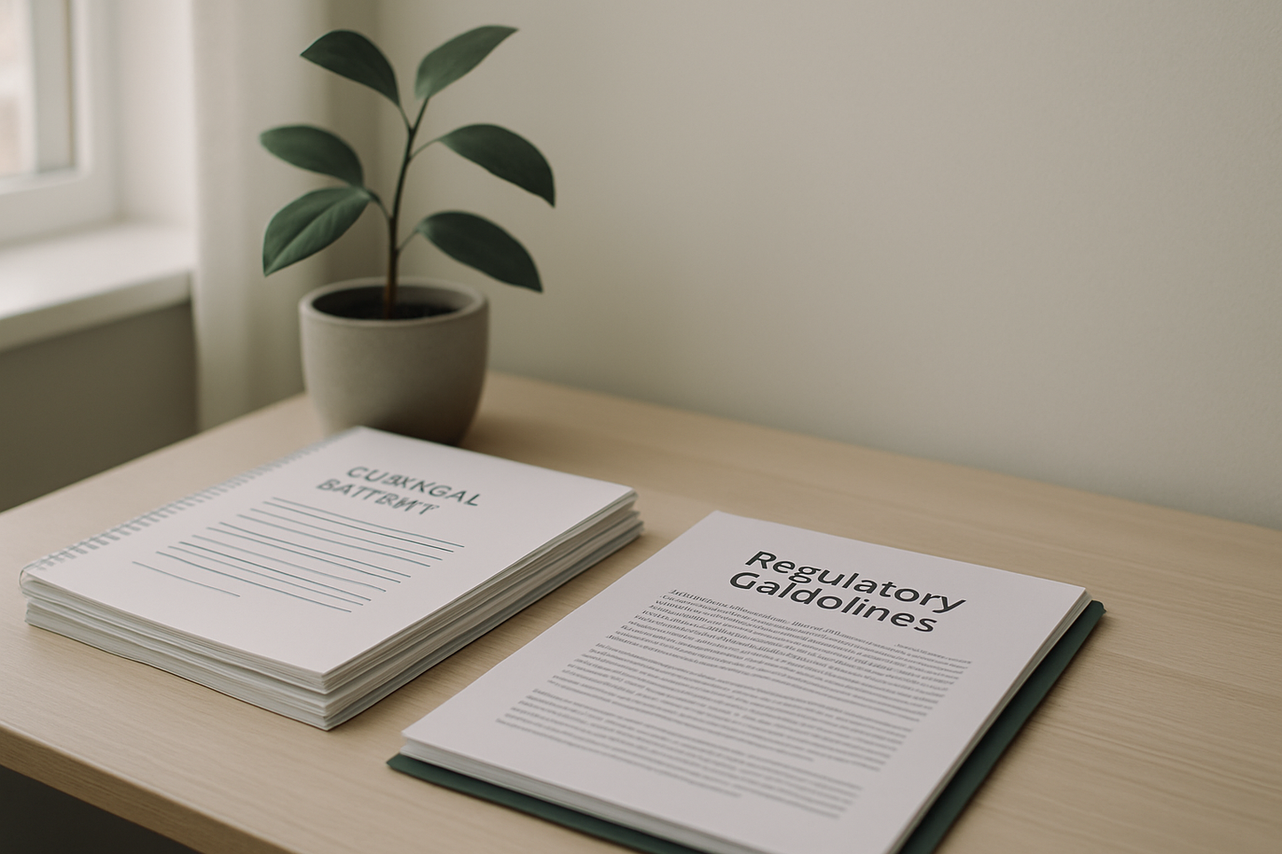 Clinic desk with regulatory documents and neutral office plant