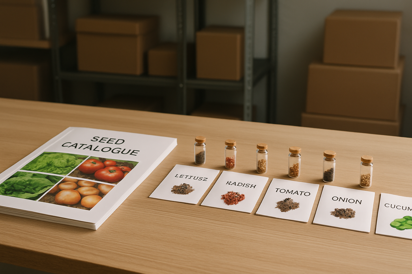 Professional cannabis seed catalogue and packaging in a European warehouse setting