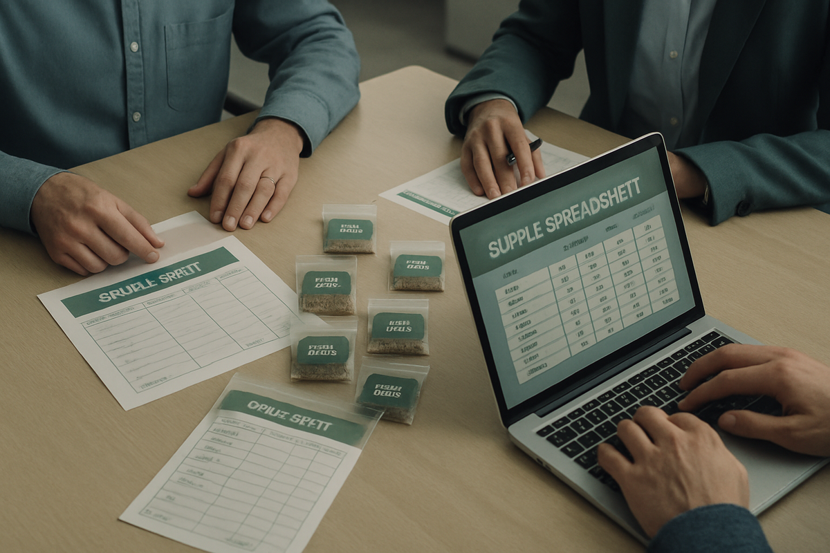 Illustrative image of a procurement meeting with seed samples and order sheets