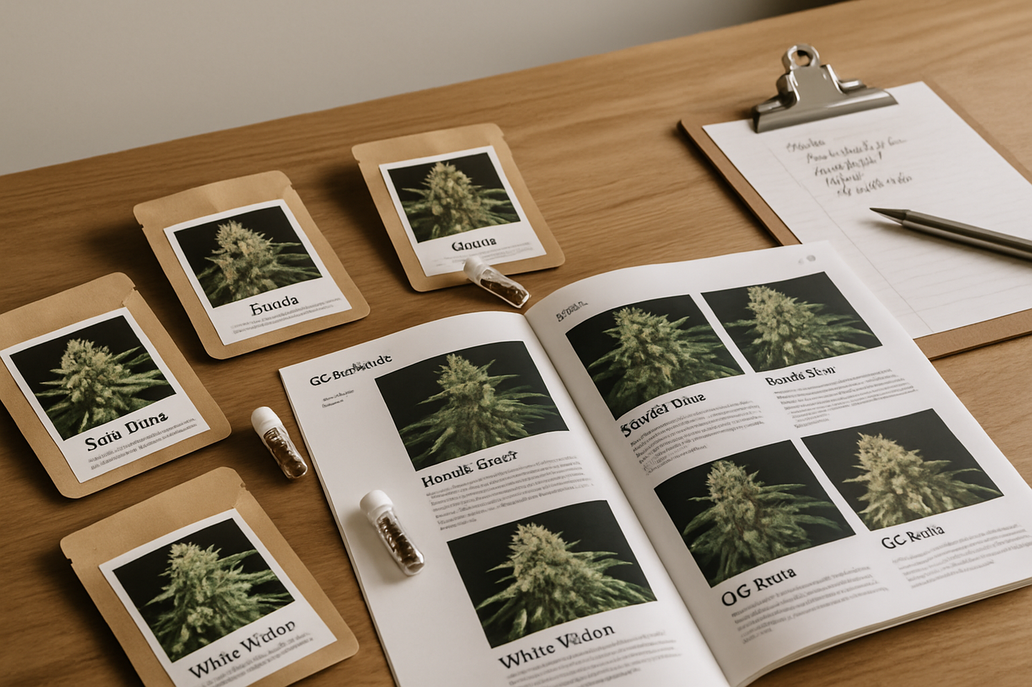Professional catalogue and seed sample packets displayed on a timber table for B2B cannabis genetics procurement