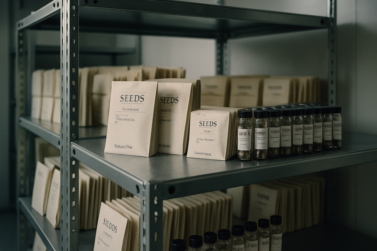Labelled cannabis seed packets and vials stored on shelves in a professional seed bank storage room