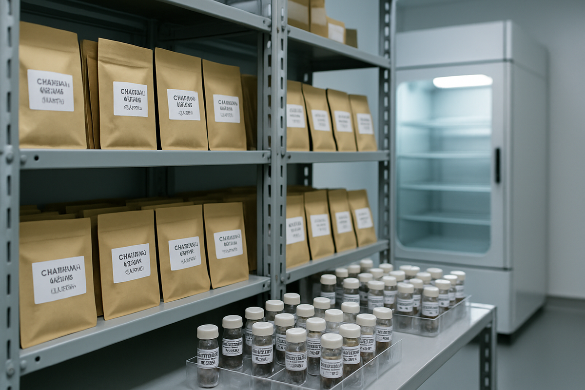 Shelves with labelled cannabis seed packets and sealed vials in a seed bank storage room