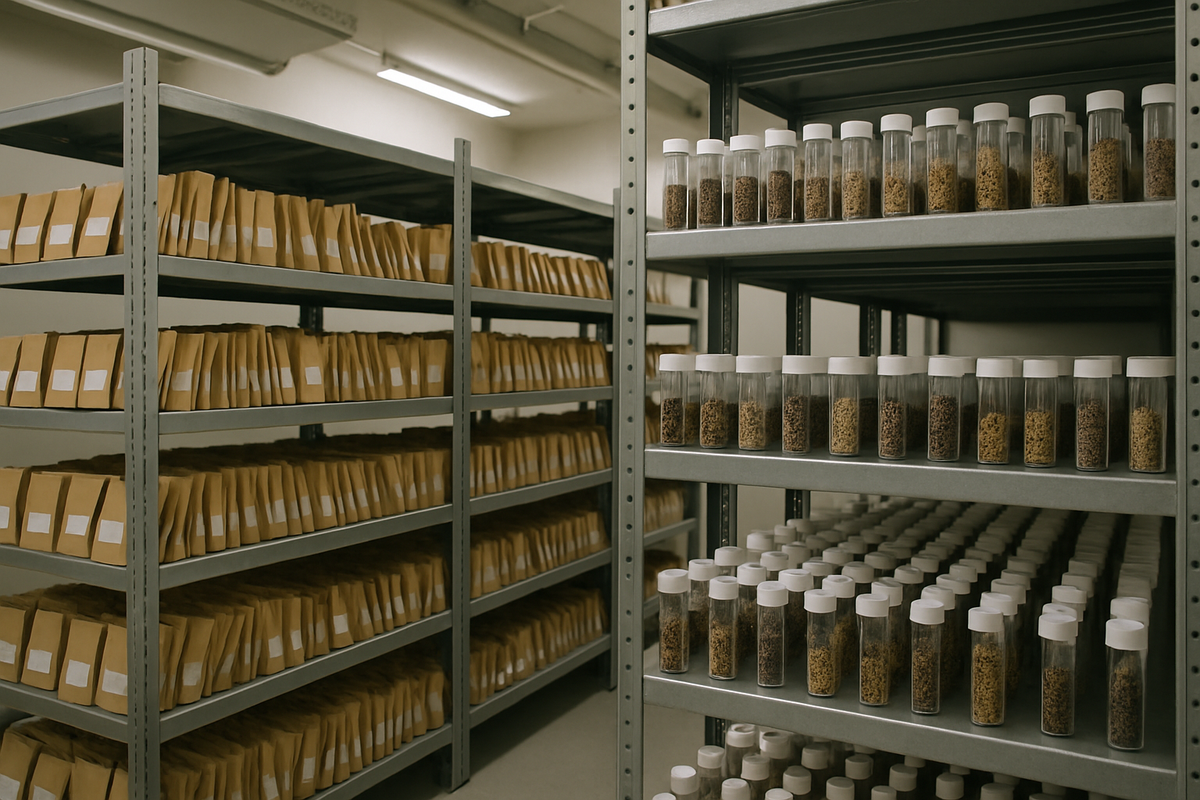 Archive of cannabis seed packets and labelled vials in a seed bank cold storage facility