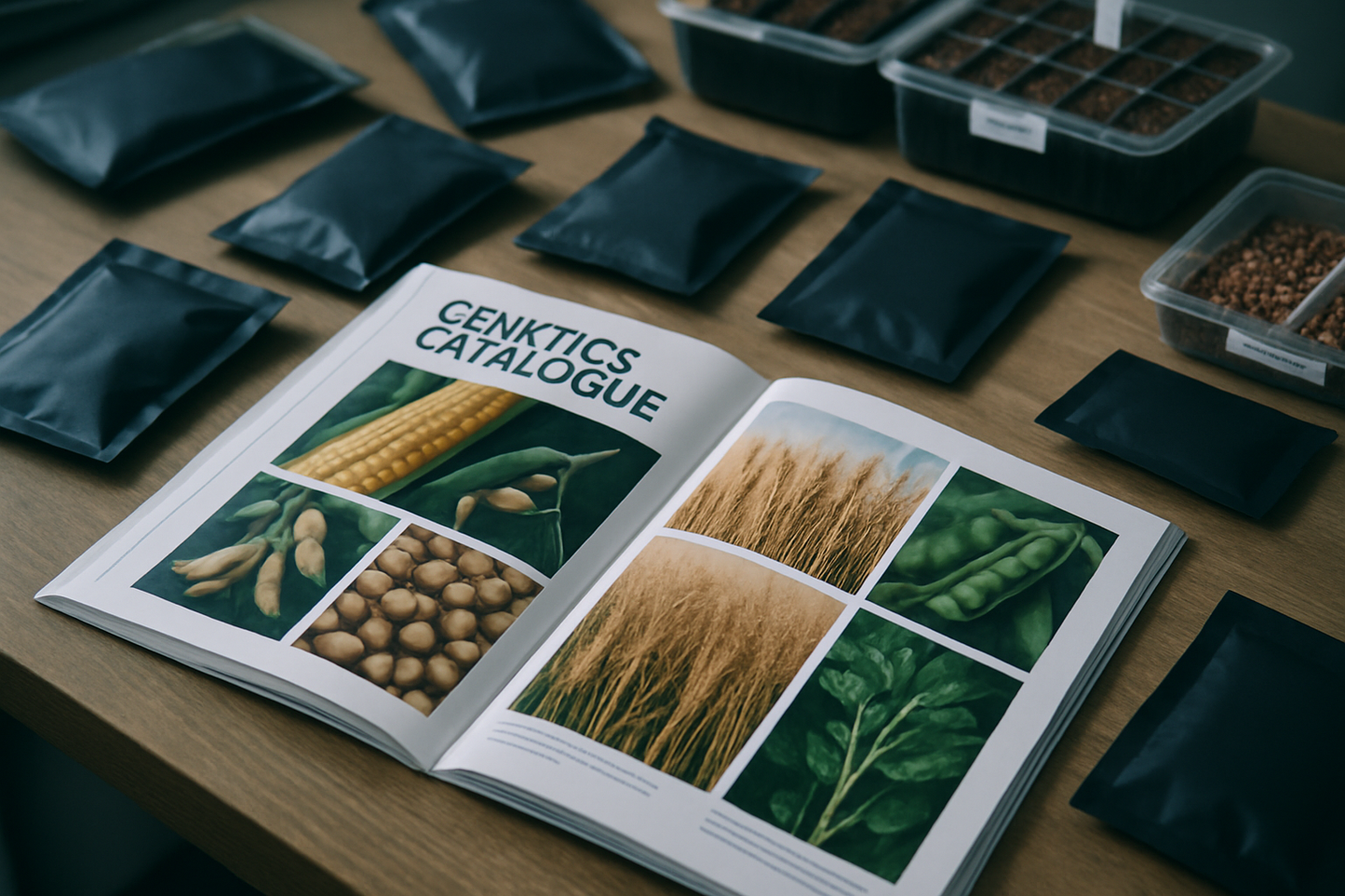 Professional seed packets and genetics catalogue spread on a table for B2B procurement