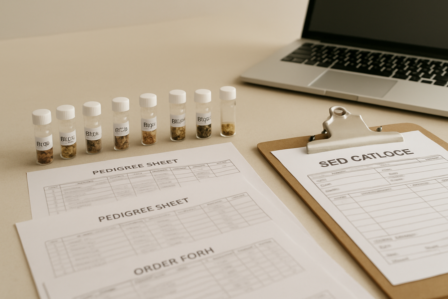 Professional catalogue layout with labelled cannabis seed vials, pedigree documents and order forms on a table