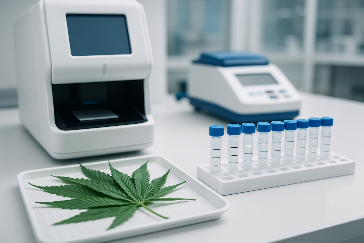 Laboratory bench with DNA sequencing equipment and cannabis leaves laid out for analysis