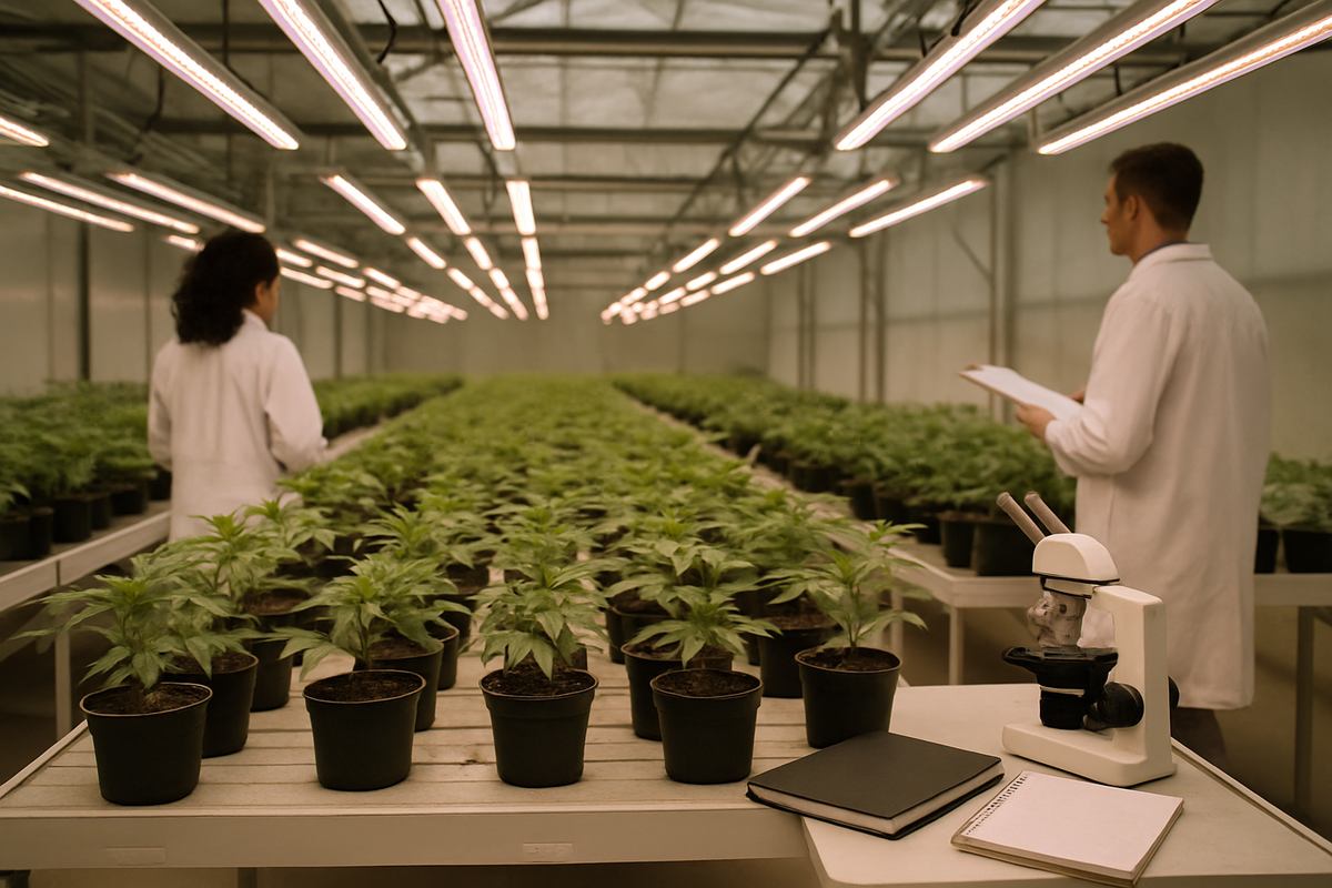 University research greenhouse with cannabis plants under LED lights and laboratory equipment