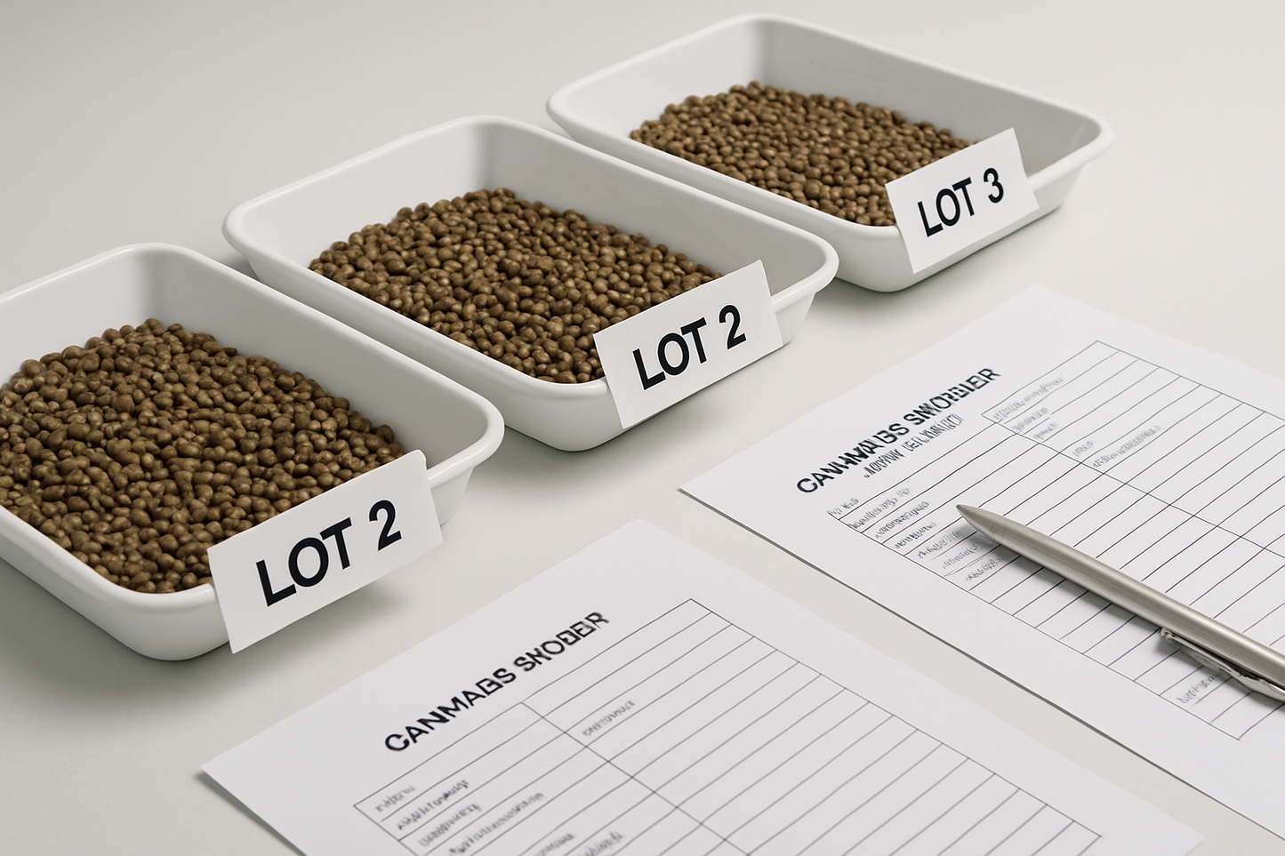 Professional photograph of cannabis seed sample trays with breeder notes on a table