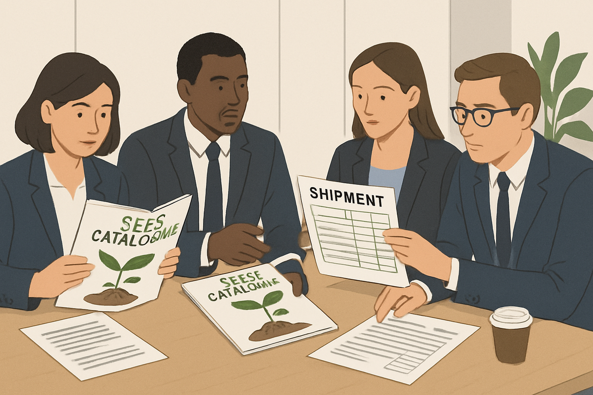 Illustrative image of professionals reviewing seed catalogues and shipping documents