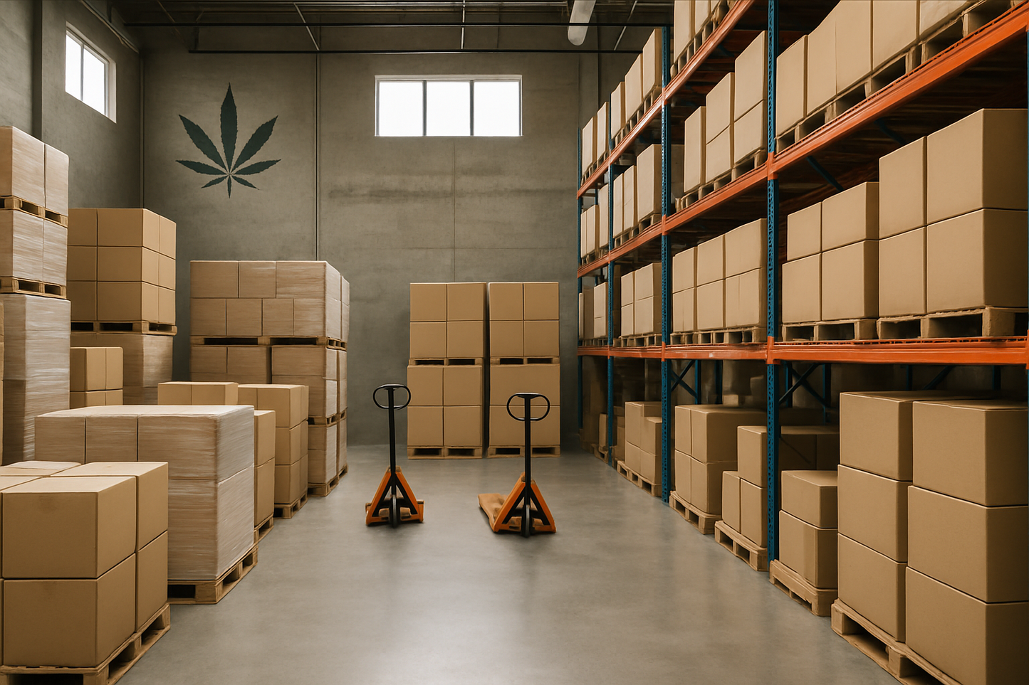 Interior of a modern warehouse with stacked pallets and shelving for cannabis product distribution