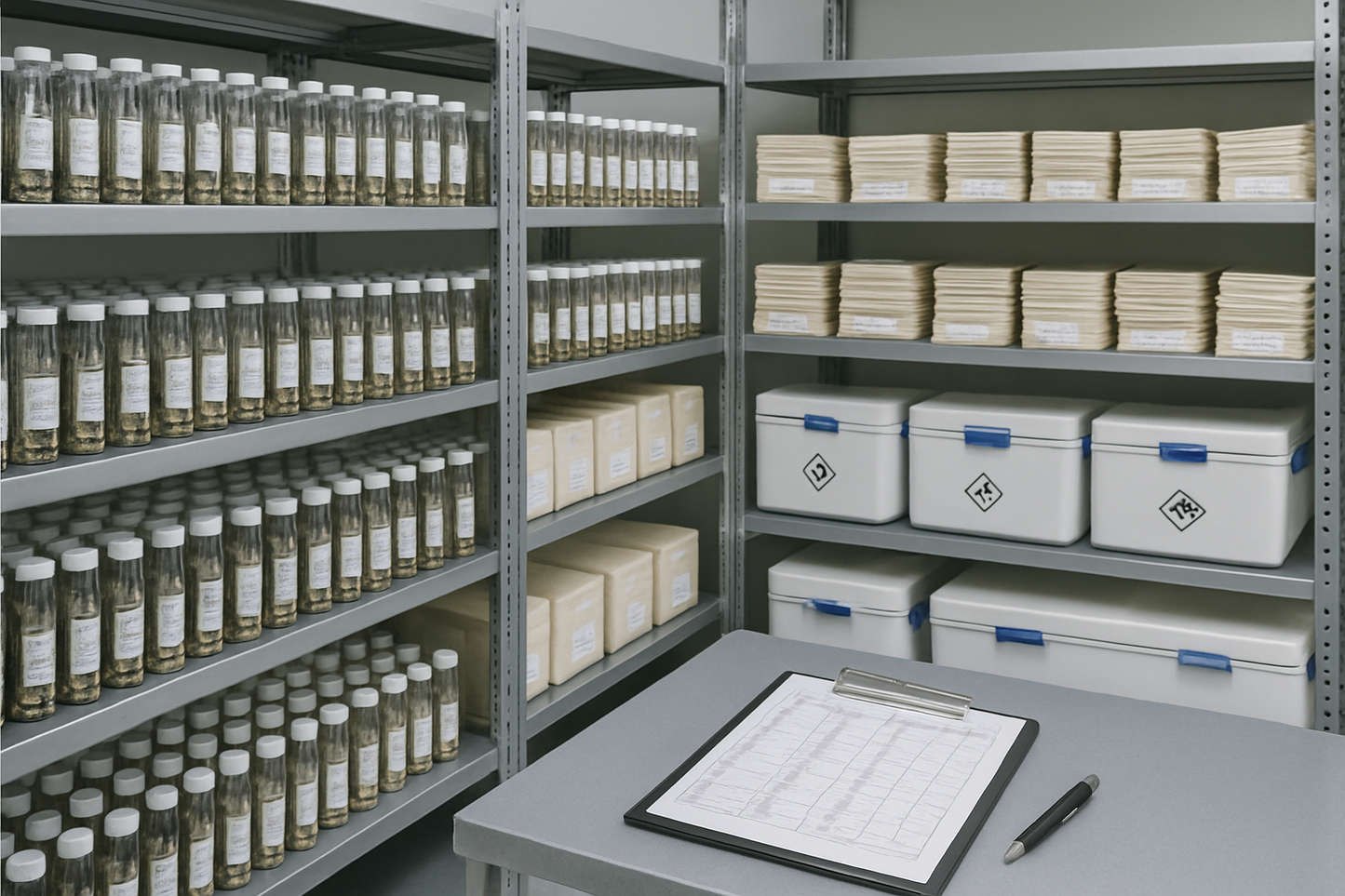 Rows of labelled seed vials and envelope packets on shelving in a professional seed bank storage room
