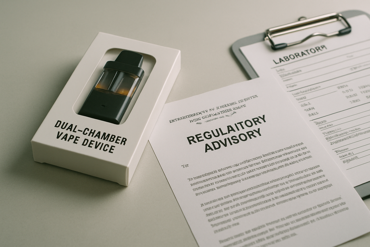 Dual‑chamber vape devices on a table next to a printed regulatory advisory