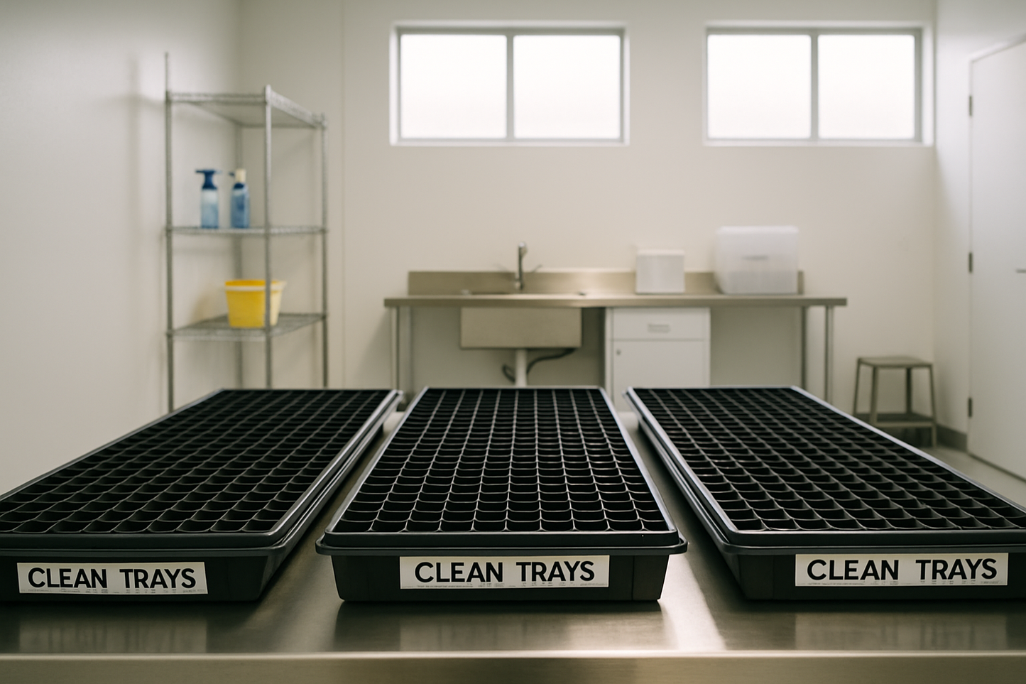 Empty indoor propagation trays and sterile equipment in a licensed cannabis grow room awaiting planting