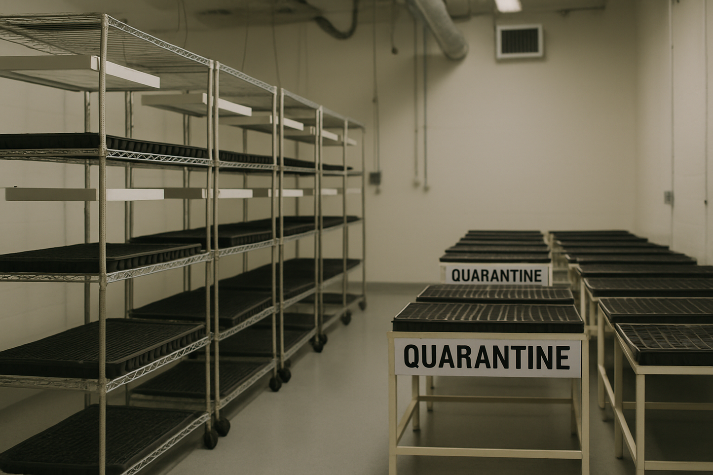 Empty commercial cannabis propagation bay with seed trays and quarantine benches