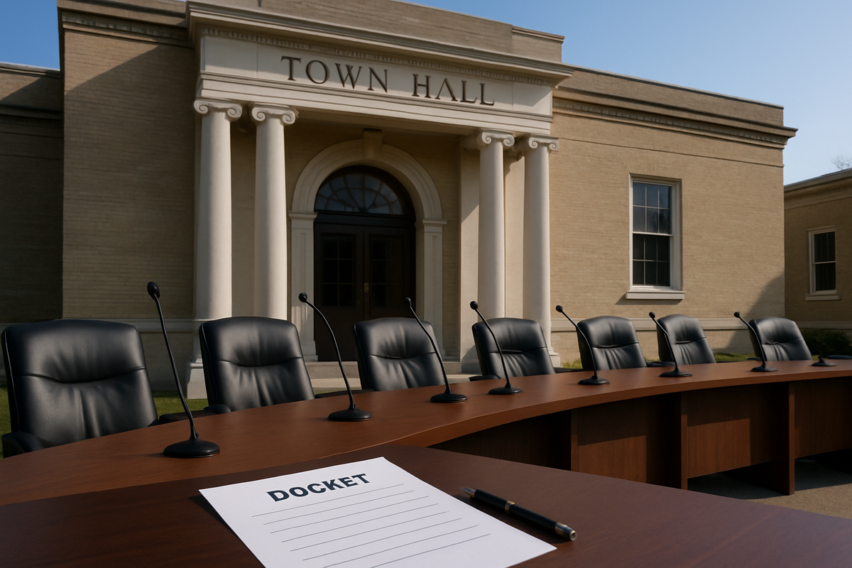 Parsippany-Troy Hills municipal building exterior and an empty town council chamber with a printed agenda on the table