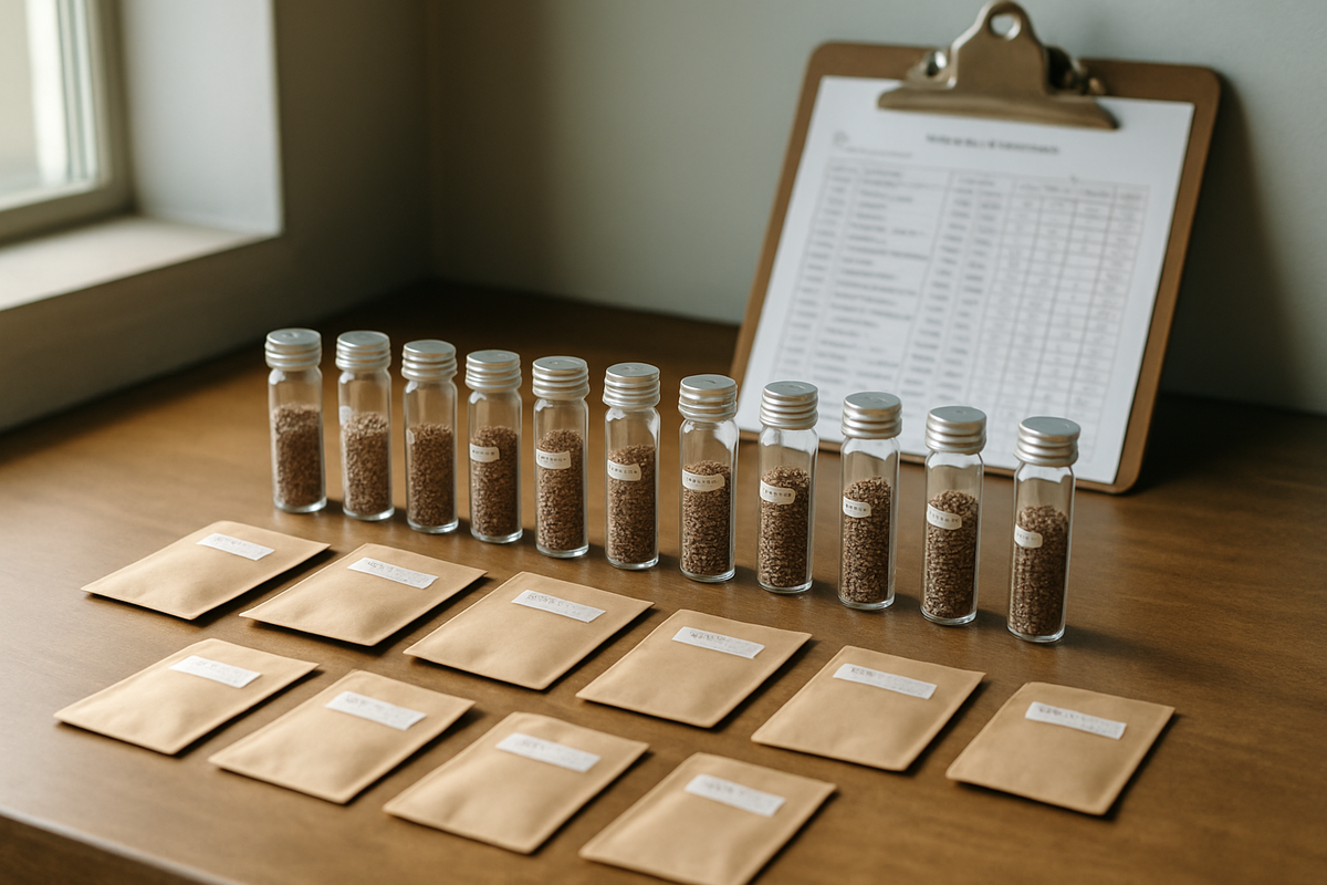 Seedbank vials and labelled seed packets on a workbench with breeding records