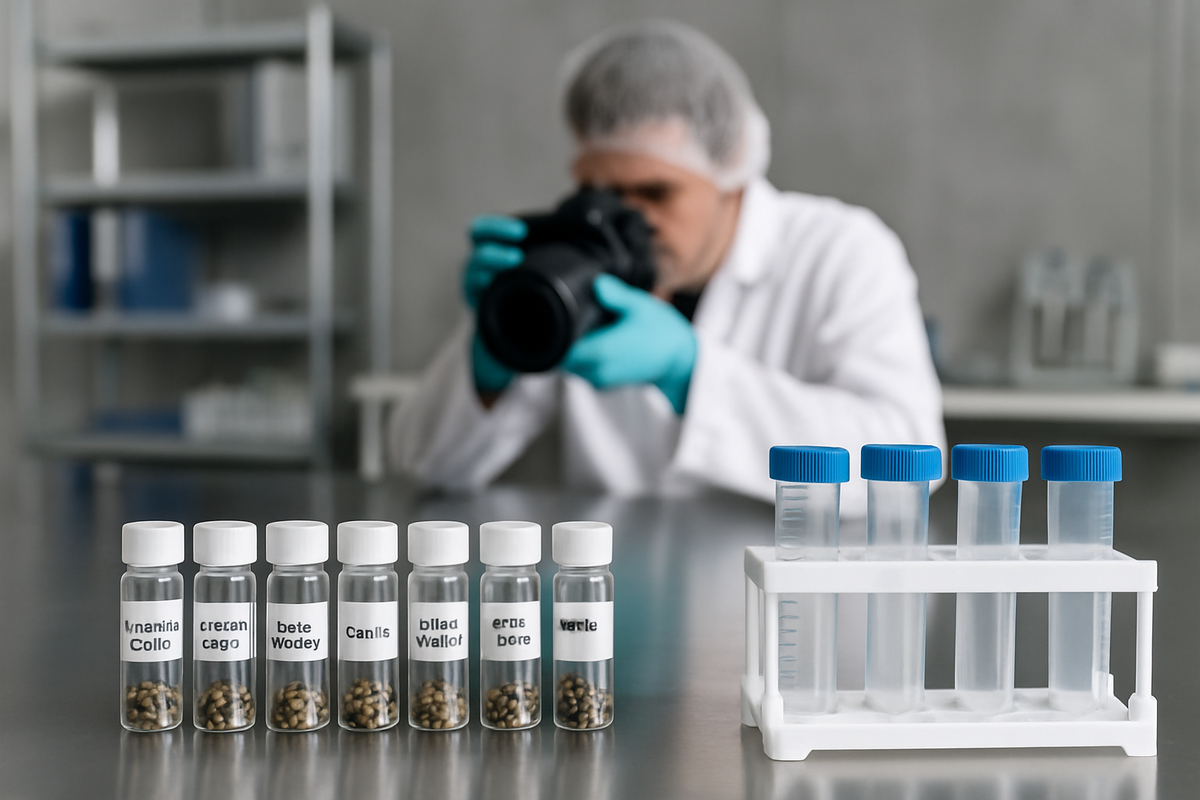 Seed vials and labelled genetic samples on a laboratory bench in a cannabis genetics facility