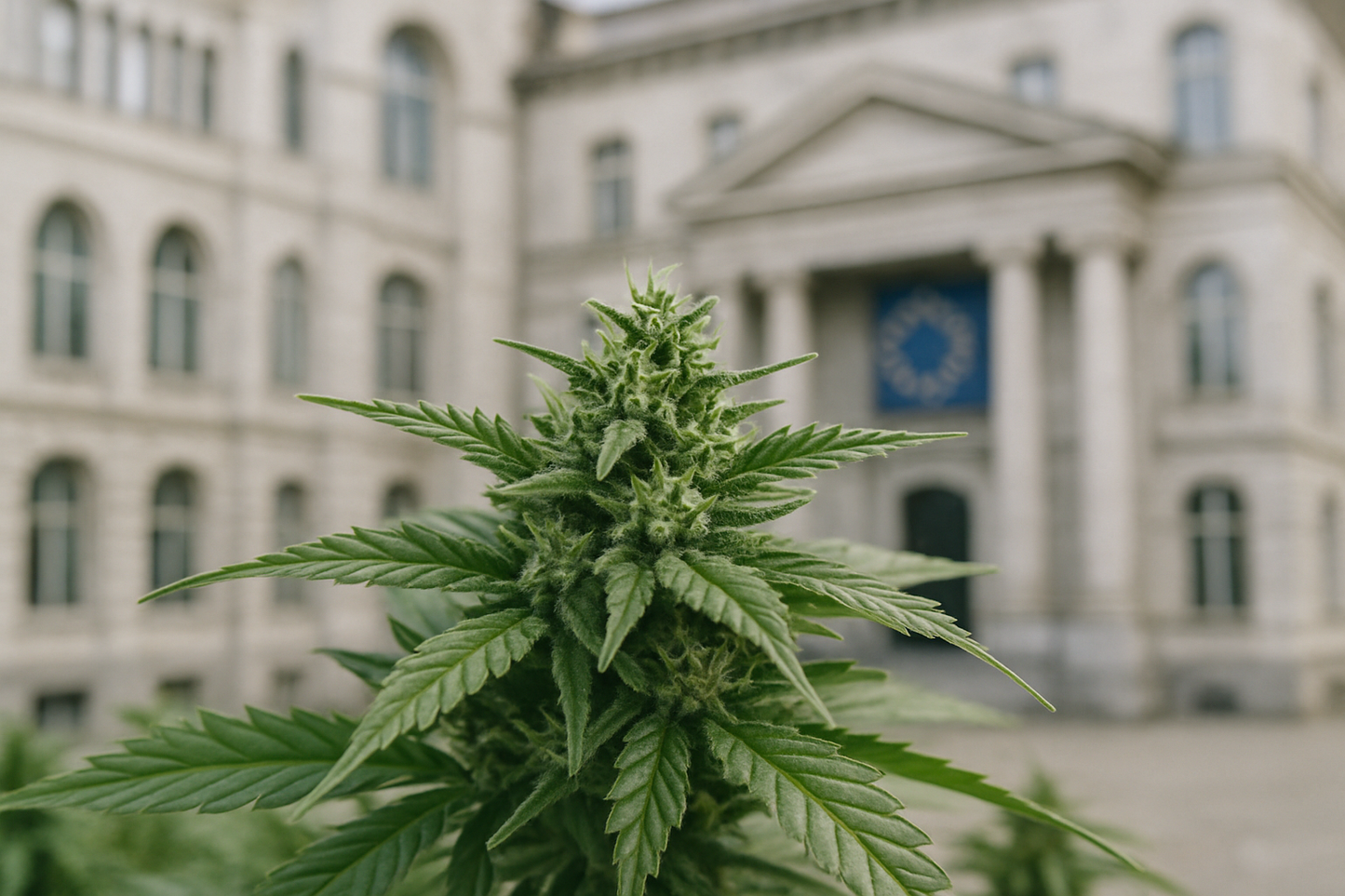 Cannabis plant in front of a blurred government building, editorial style