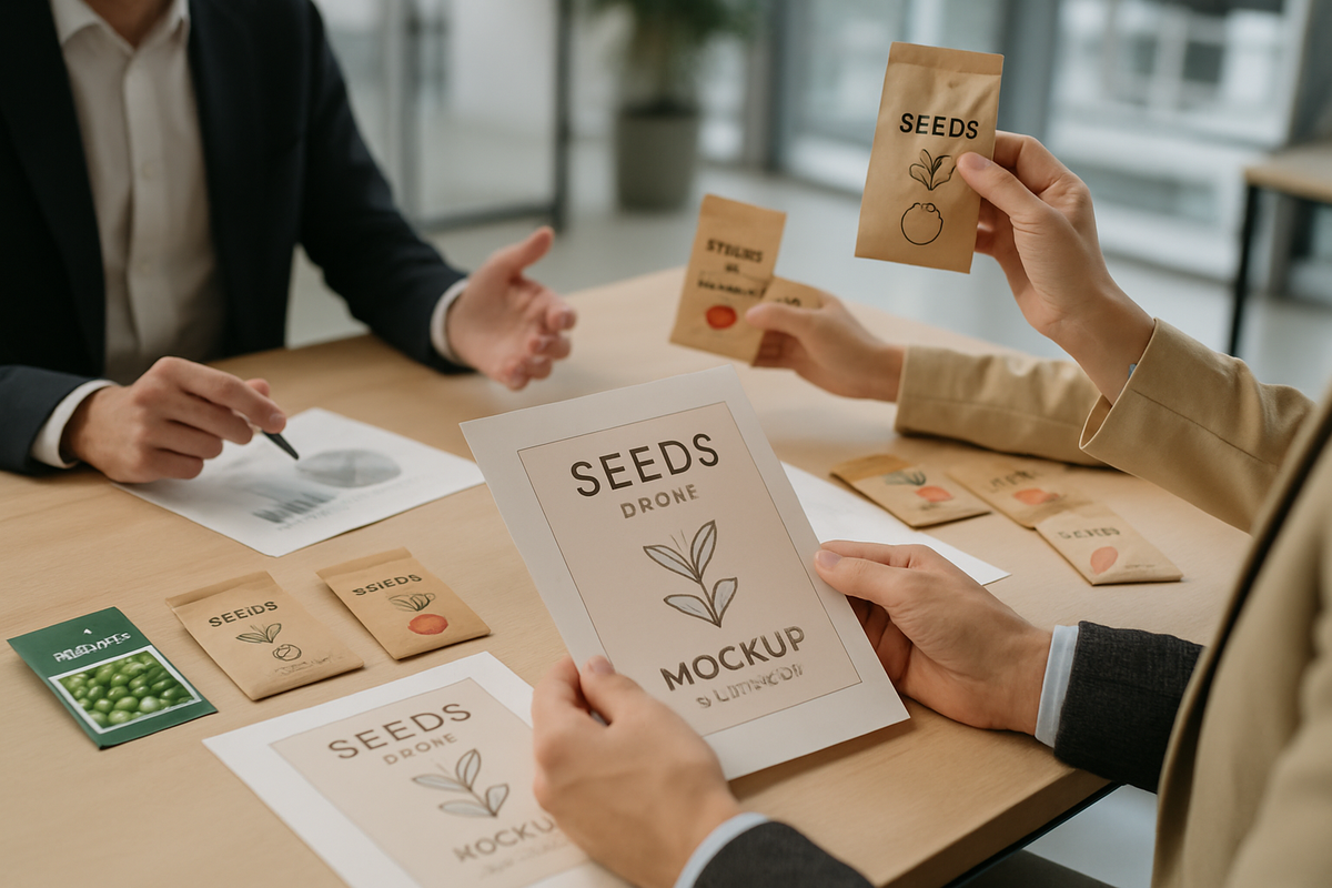 Illustrative image of business meeting discussing seed packaging and branding mockups
