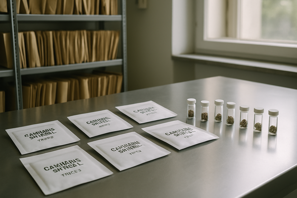 Seed packets and vials at a professional cannabis seed bank on a bench
