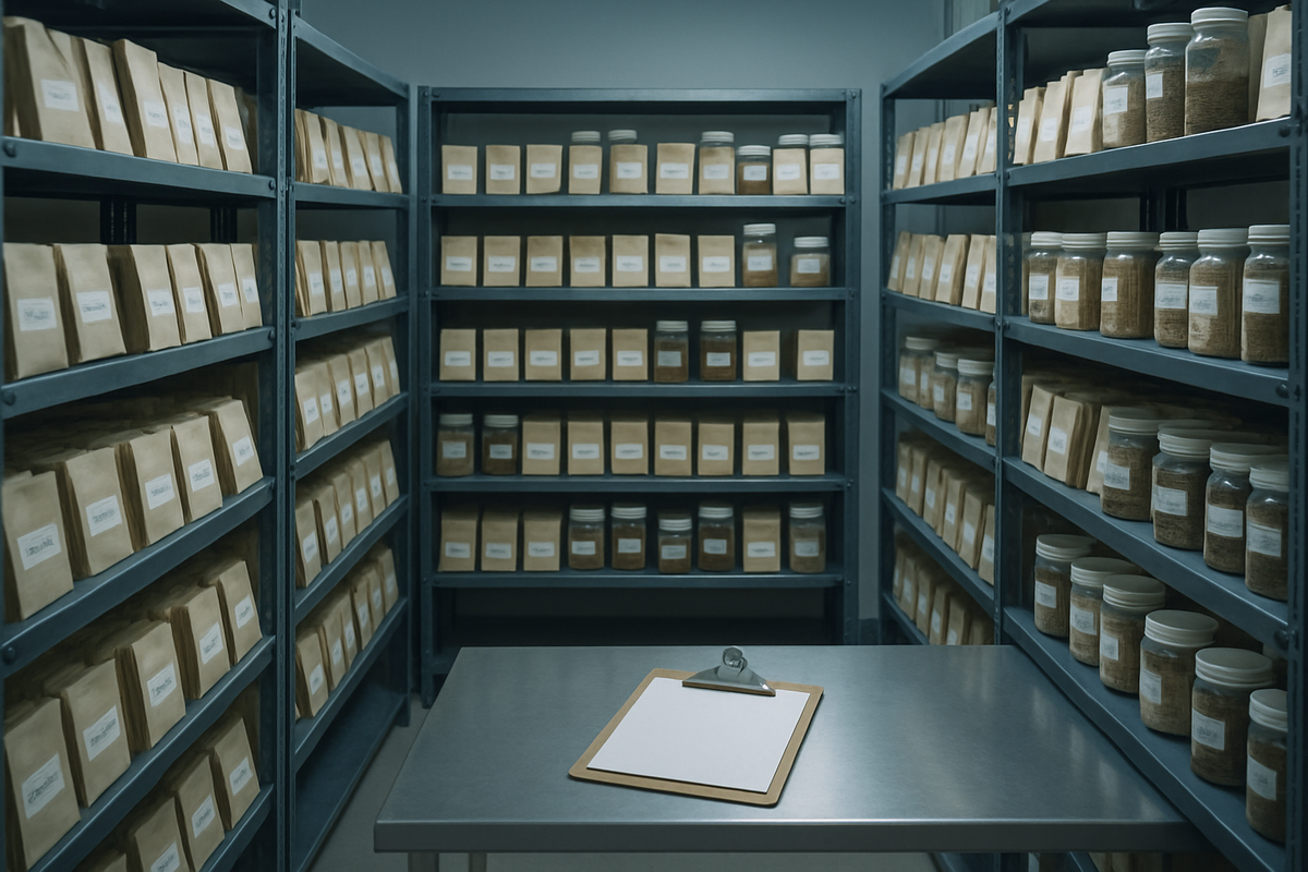 Seed storage shelves with labelled seed packets and storage equipment in a professional facility