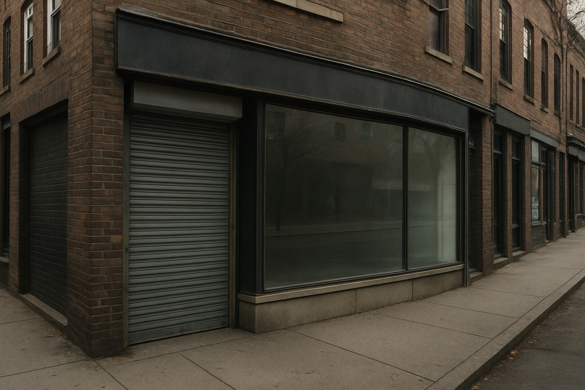 Closed retail storefront on an urban street, suggesting paused commercial activity