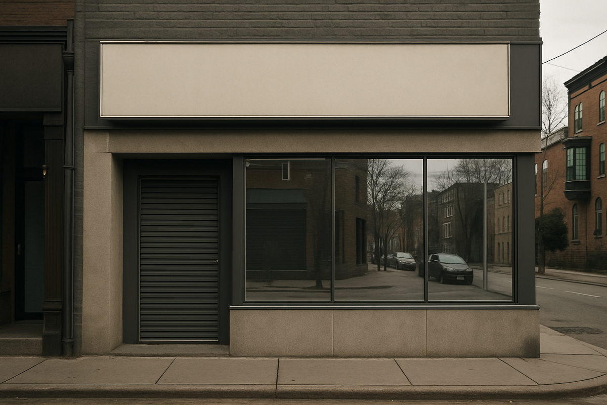 Shuttered retail storefront on a quiet street, representing a delayed cannabis retail market