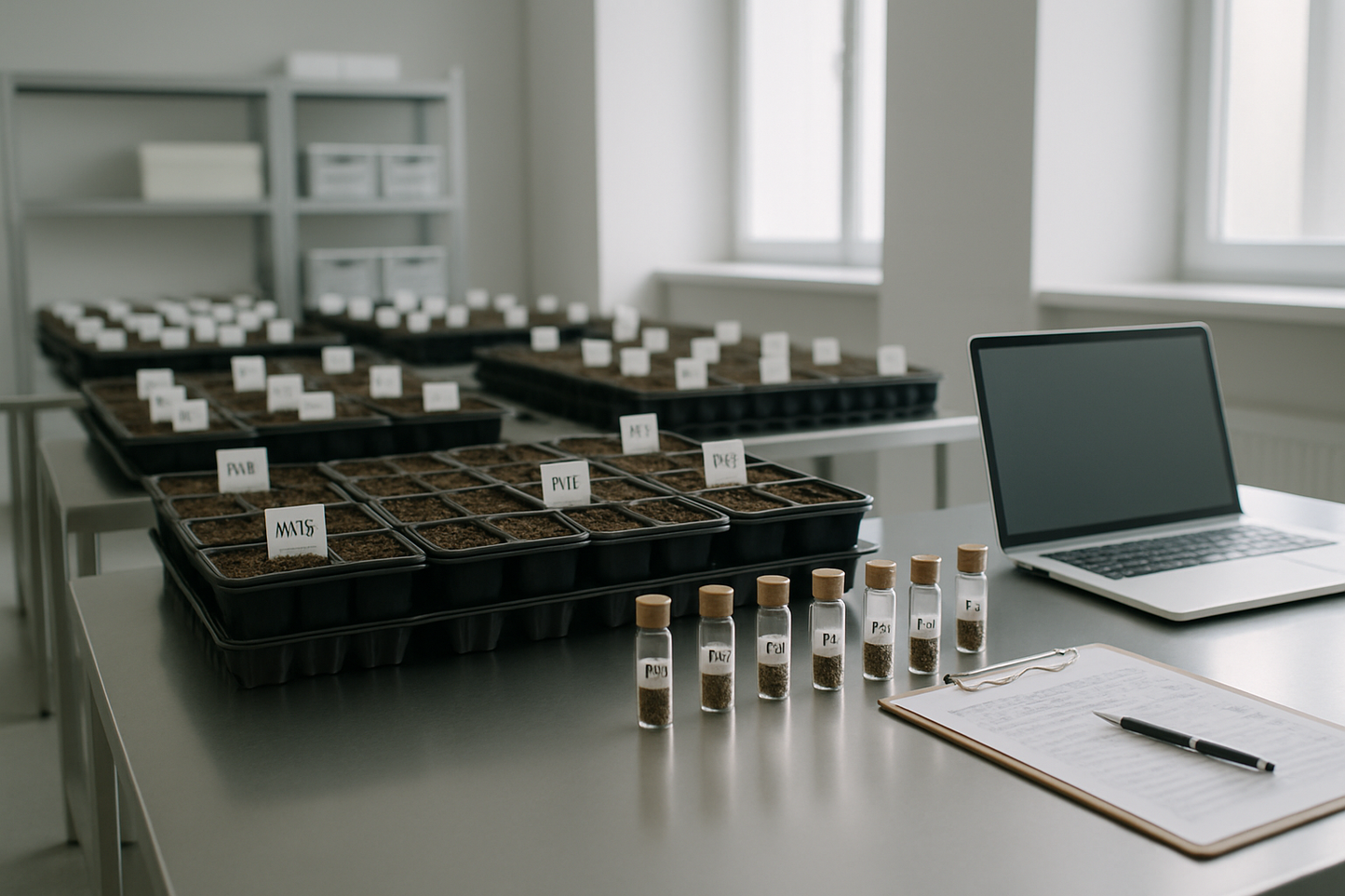 Labelled seed trays and vials in a cannabis genetics laboratory
