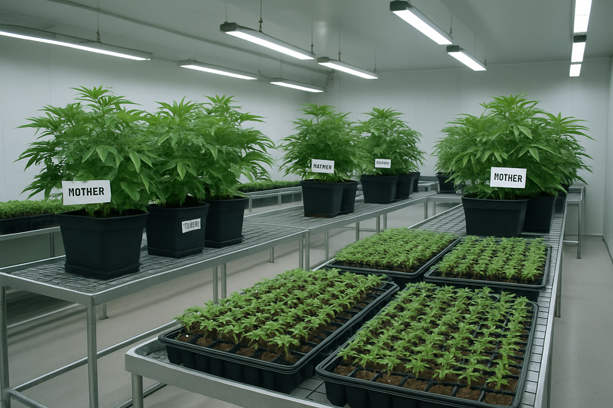Labelled cannabis mother plants and propagation trays in a commercial propagation room
