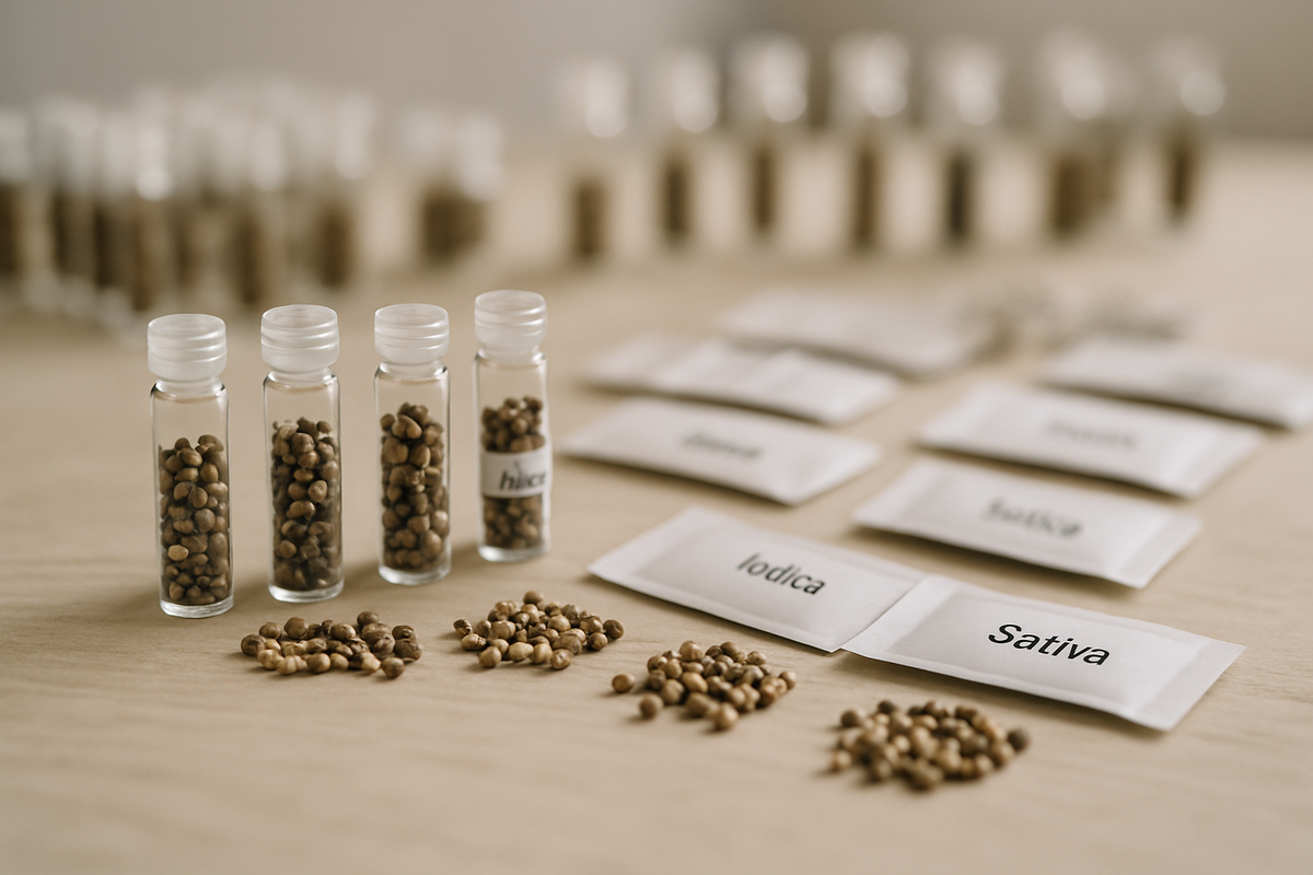Close-up of cannabis seeds and labelled seed packets on a seedbank workbench