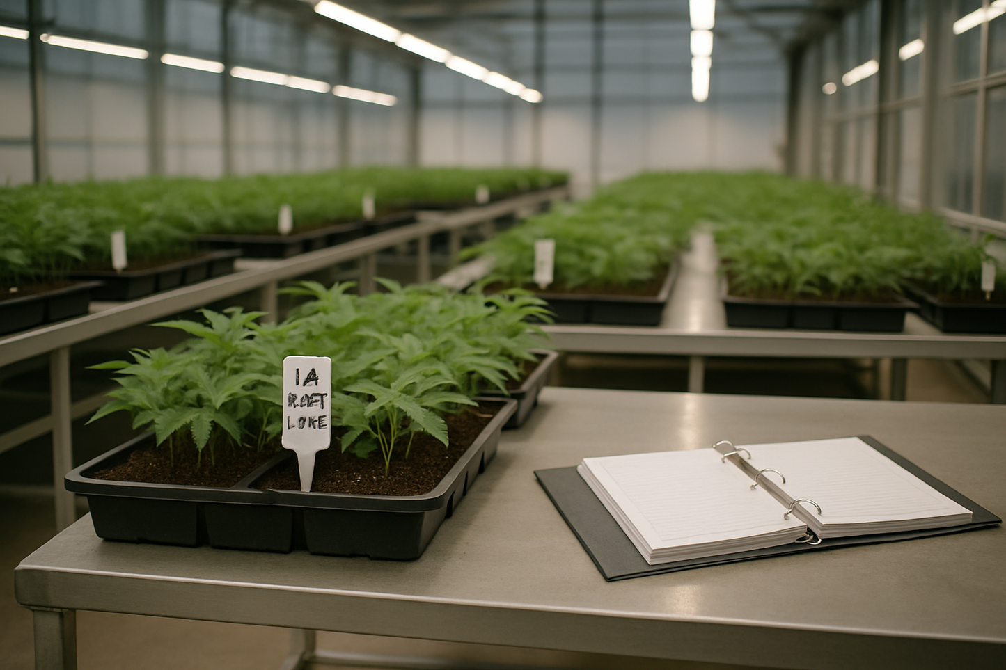Labelled cannabis breeding trays in a professional cultivation facility