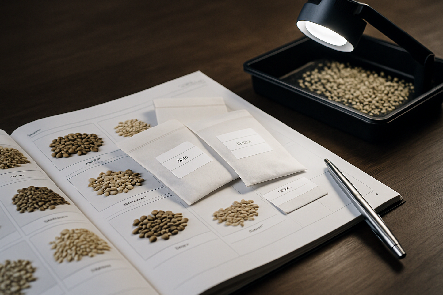 Professional seed packets and seed tray on a catalogue spread in a seedbank environment