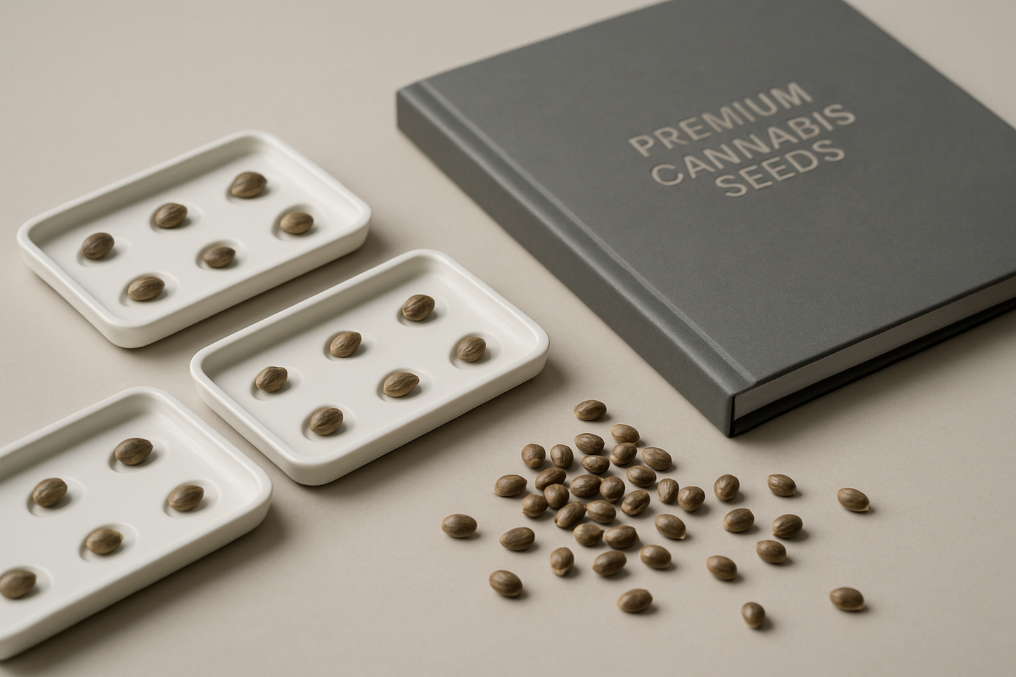Premium cannabis seed samples and packaging arranged with a professional catalogue