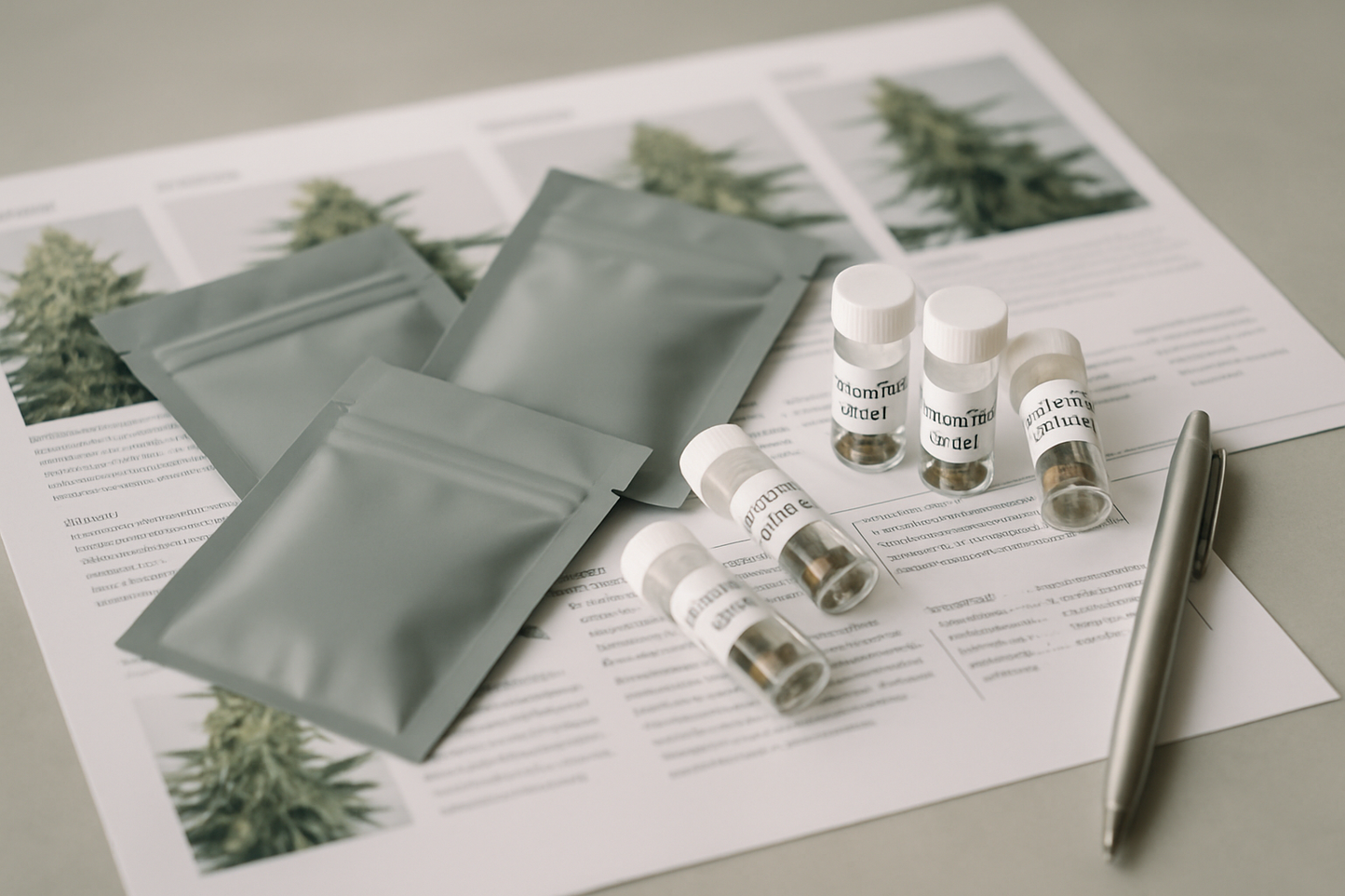 Packaged cannabis seeds and catalogues on a table with labels and a pen